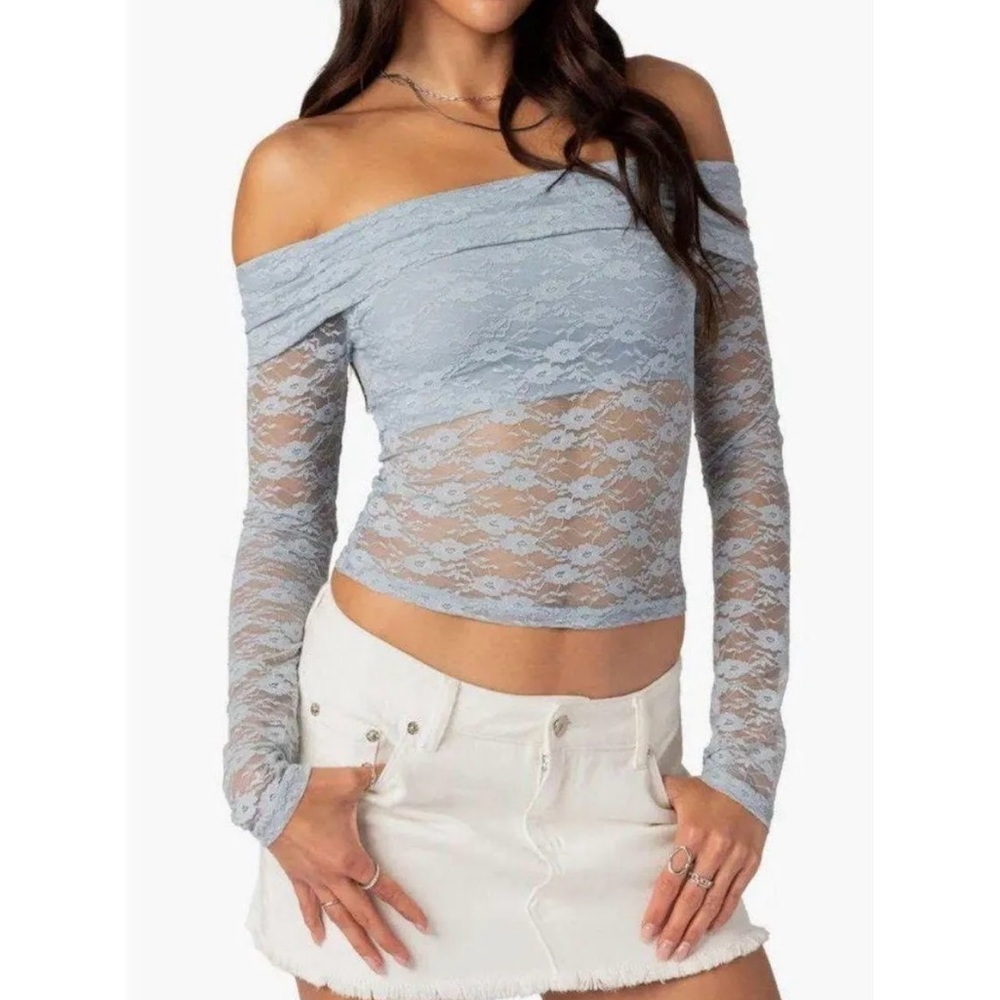 Free People Lace Off-Shoulder Top in Soft Blue